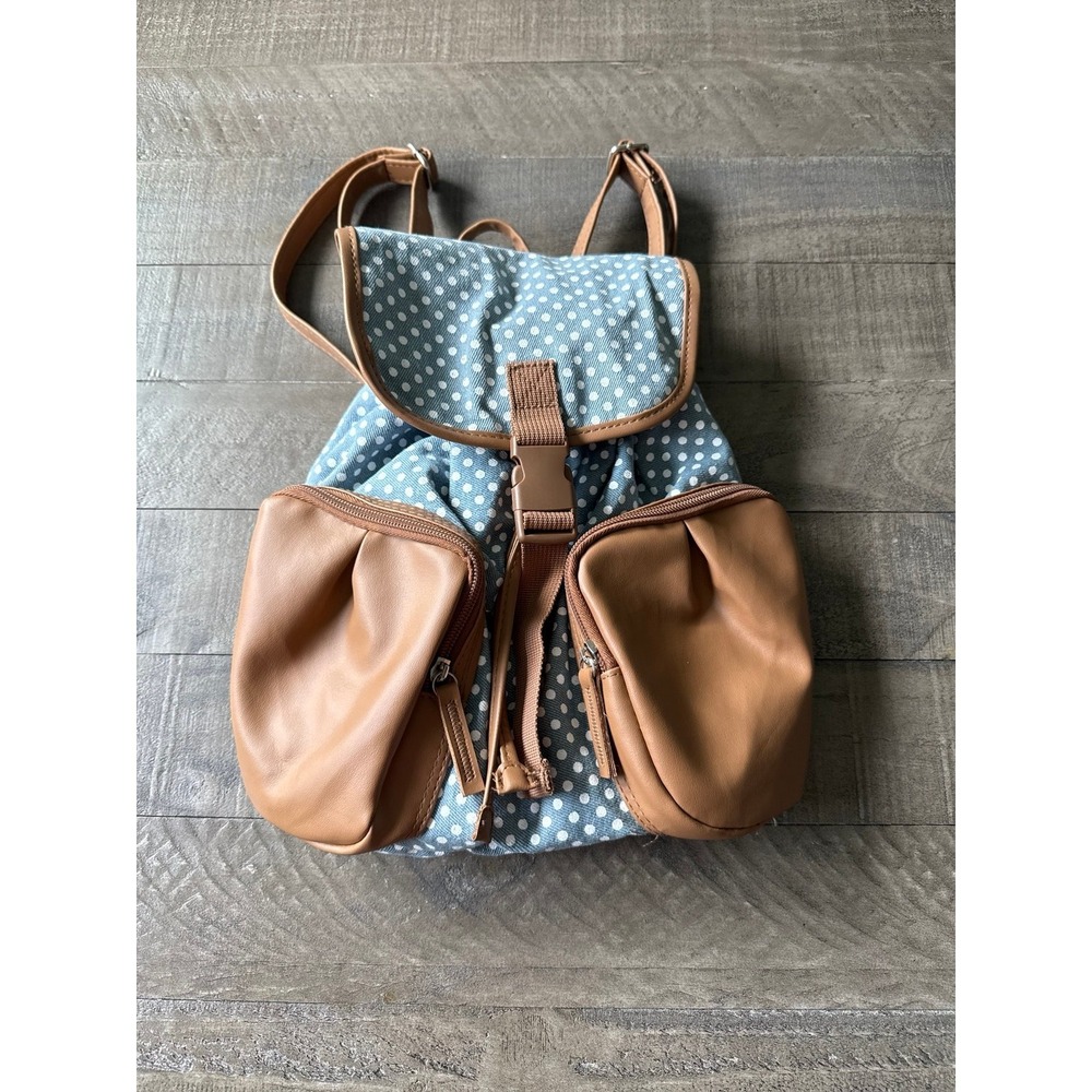 Bodhi Unisex Drawstring Mini Backpack Bag with Dual Zipper Pockets, Denim Dots